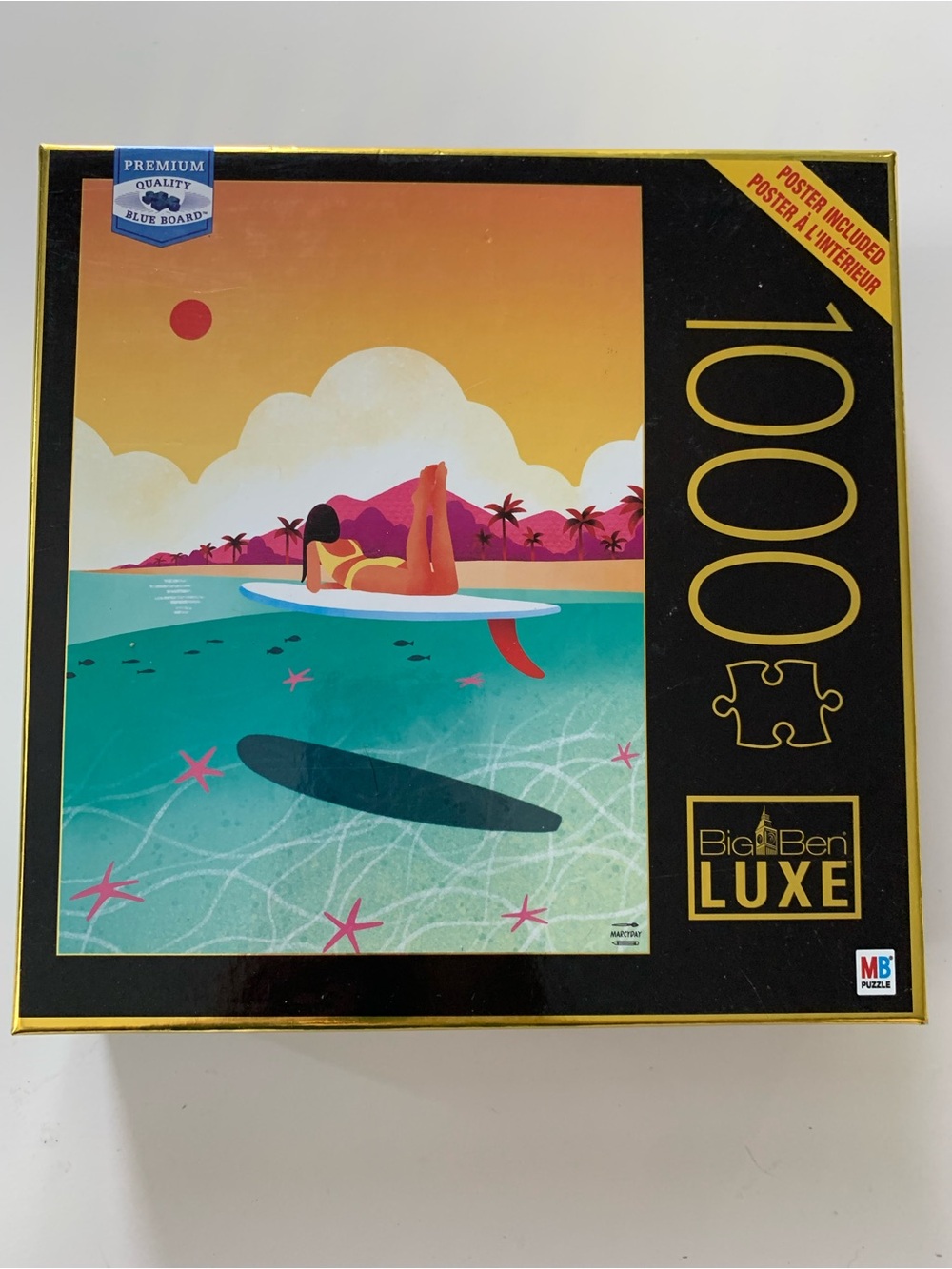 Big Ben Luxe 1000-Piece Puzzle Teal & Yellow Beach Illustration Starfish surfer
